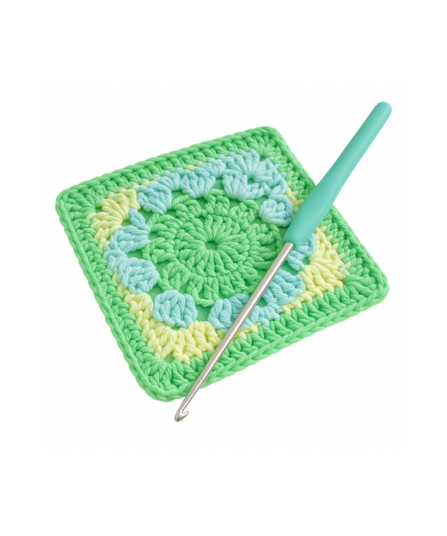 Granny Square  Eine Häkelnadel und ein Granny Square mit Muster in den Farben Grün, Gelb und Blau ist zu sehen.